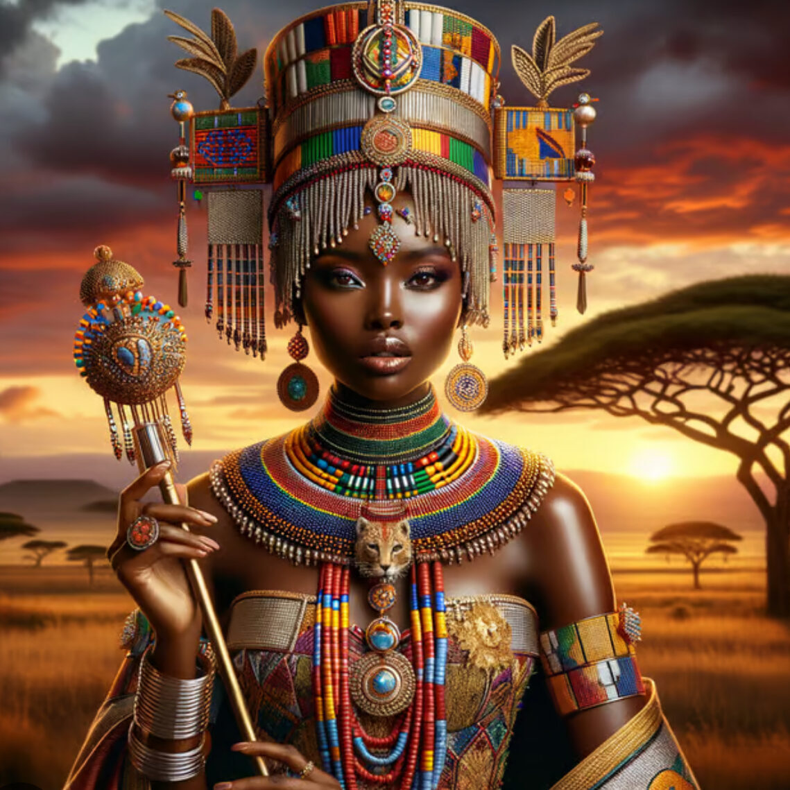 This majestic portrait of an African Queen adorned in traditional attire symbolizes strength, beauty, and cultural heritage.